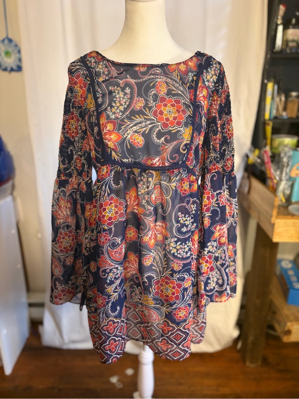 Red Camel Navy Floral Paisley Long Sleeve Boho Dress